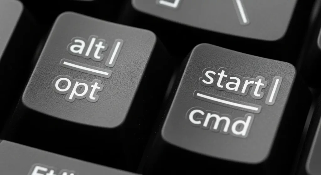 MacのCommandとWindowsのStartキーが両方印字されたキーボードの拡大