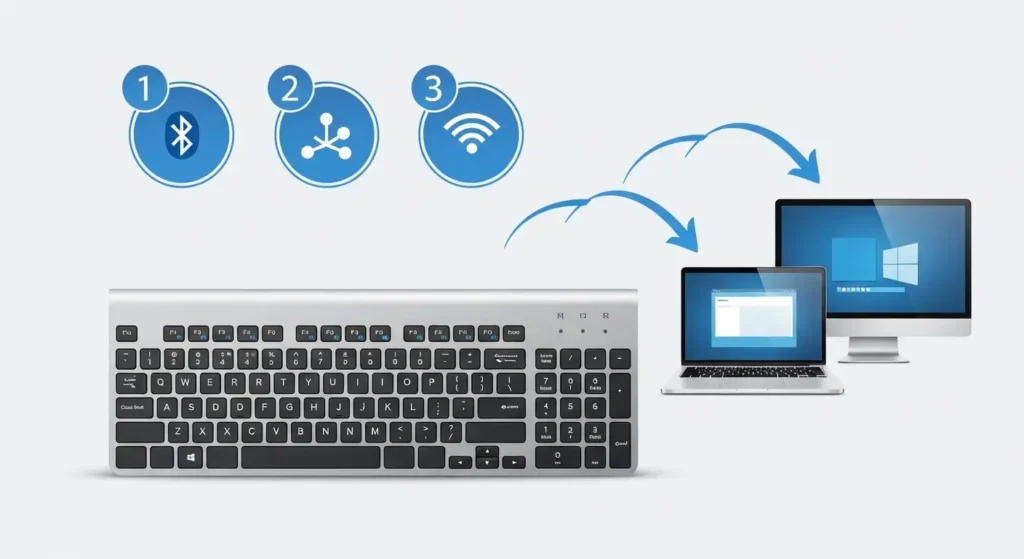 3台のデバイスとBluetooth接続可能なキーボードの切替イメージ