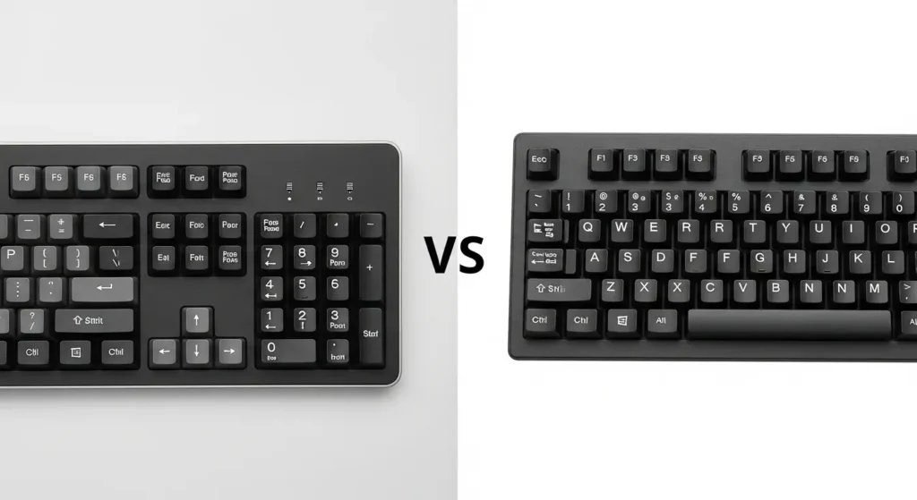 テンキー付きのフルサイズキーボードとコンパクトなキーボードの比較