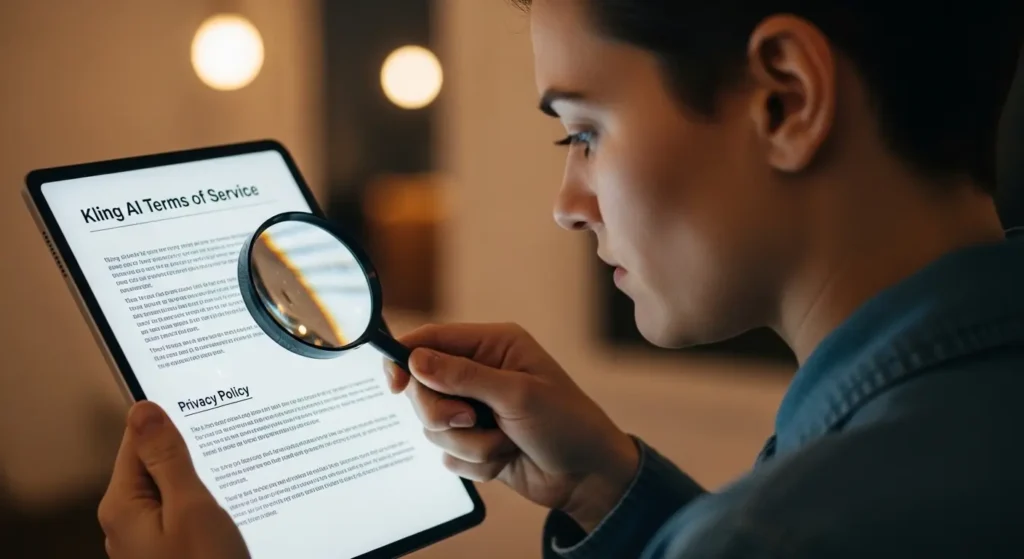 Kling AIの利用規約を慎重に確認するユーザー