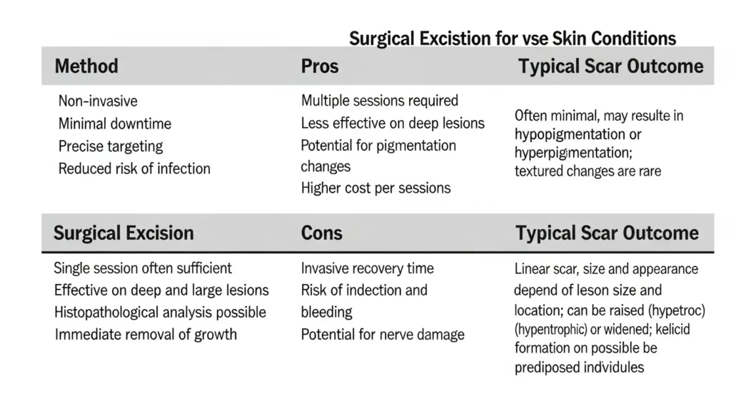 レーザー除去と切開縫合法のメリット・デメリットおよび傷跡の比較表