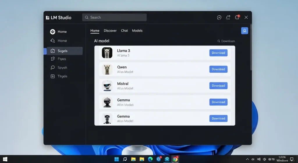 LM Studioの画面で無料のAIモデルを選択する様子