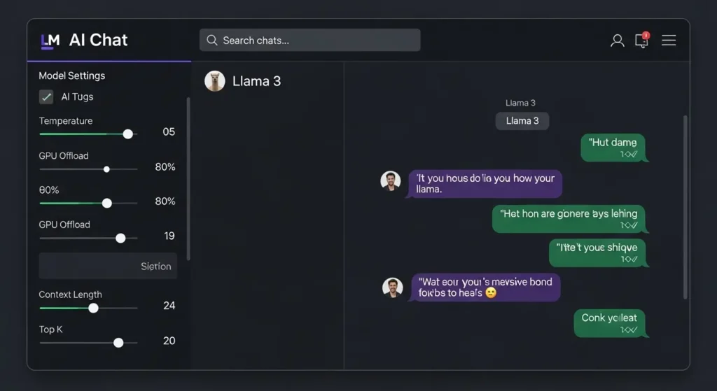 LM Studioのチャット画面と設定メニュー