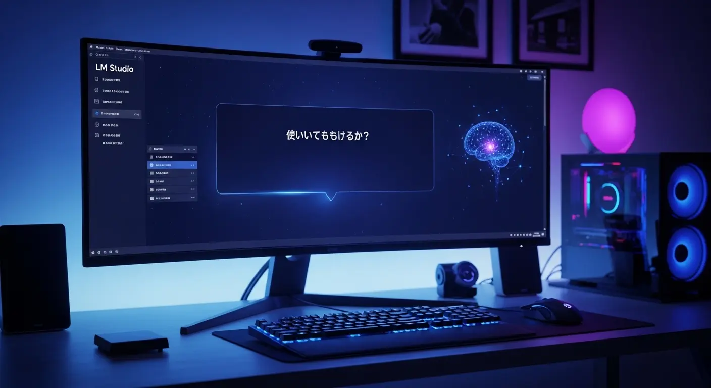 LM Studioの操作画面と日本語LLMが動作しているPC環境