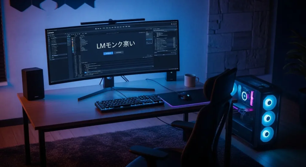 日本語モデルが表示されたLM Studioの操作画面とPC環境