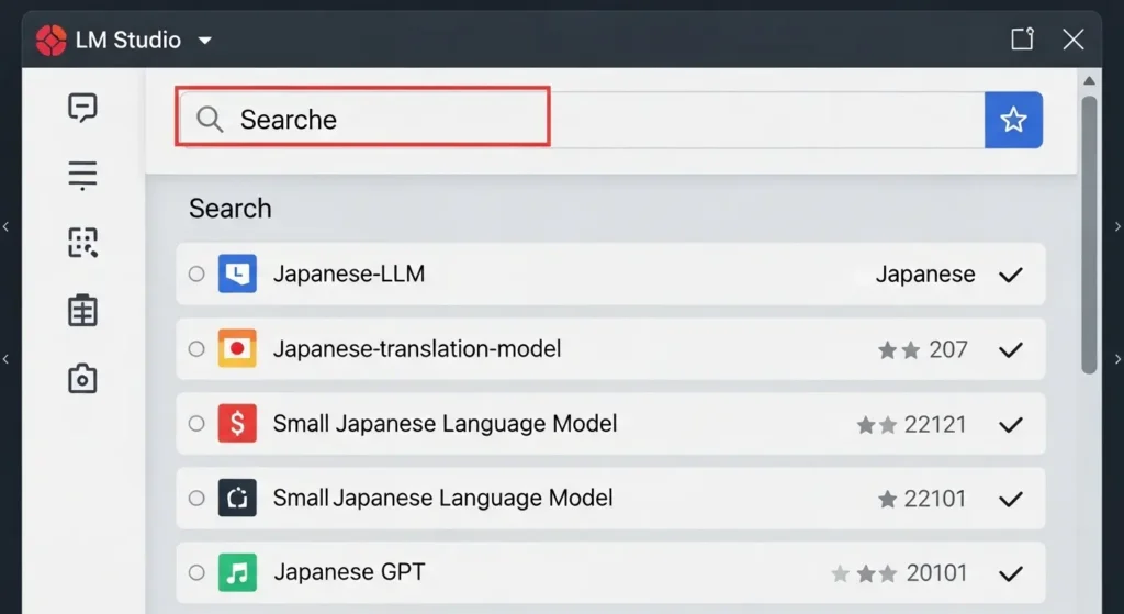 LM Studioでの日本語モデル検索手順の画面