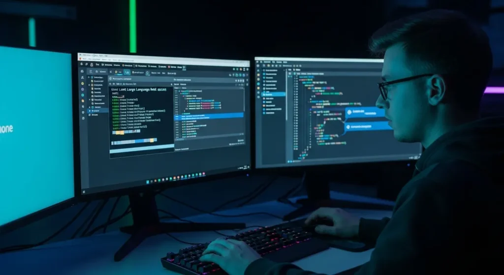 ローカルLLMを活用してコーディングを行うエンジニアの作業風景