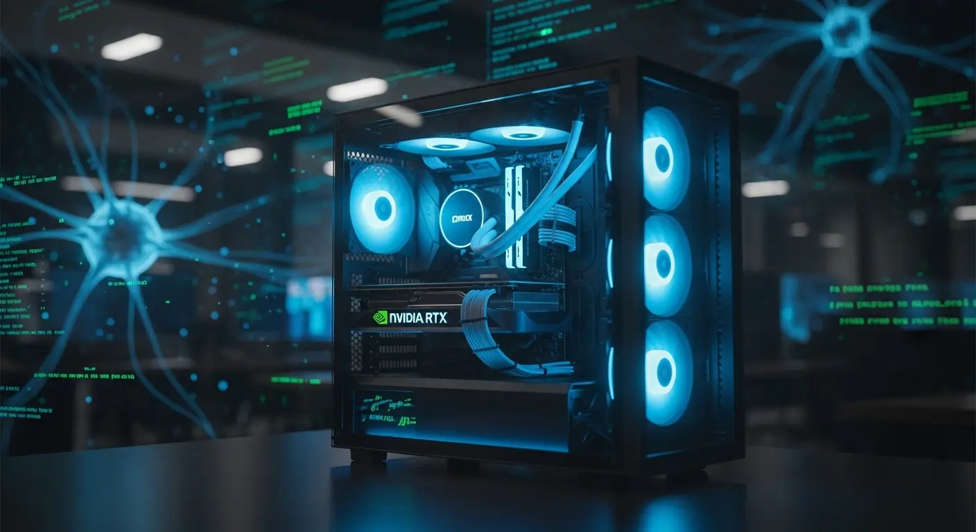 高性能GPUを搭載したPCとニューラルネットワークのイメージ