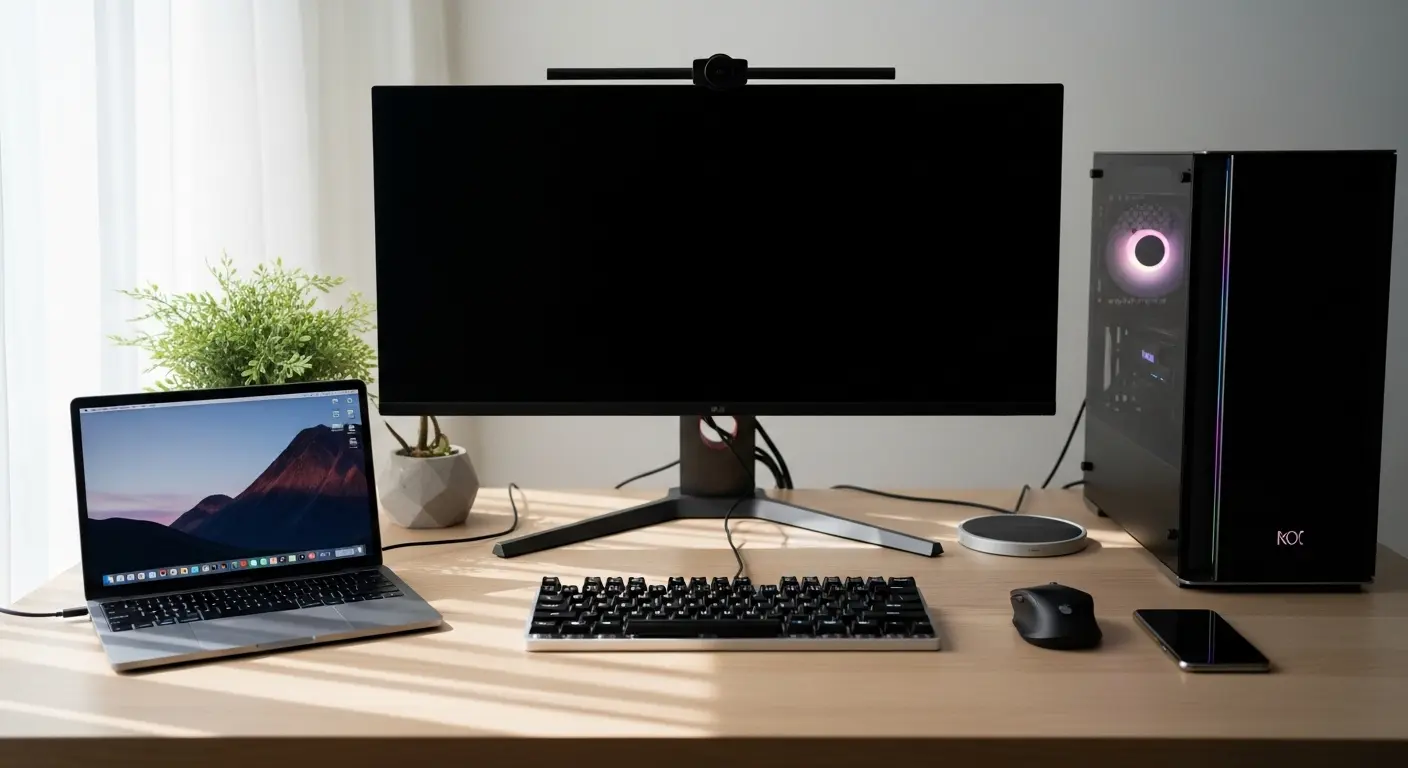 MacBookとWindowsパソコンの間に置かれた兼用ワイヤレスキーボード