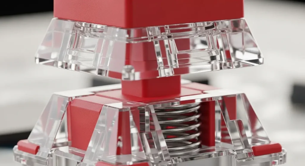 メカニカルキーボードの赤軸スイッチが押される瞬間の拡大