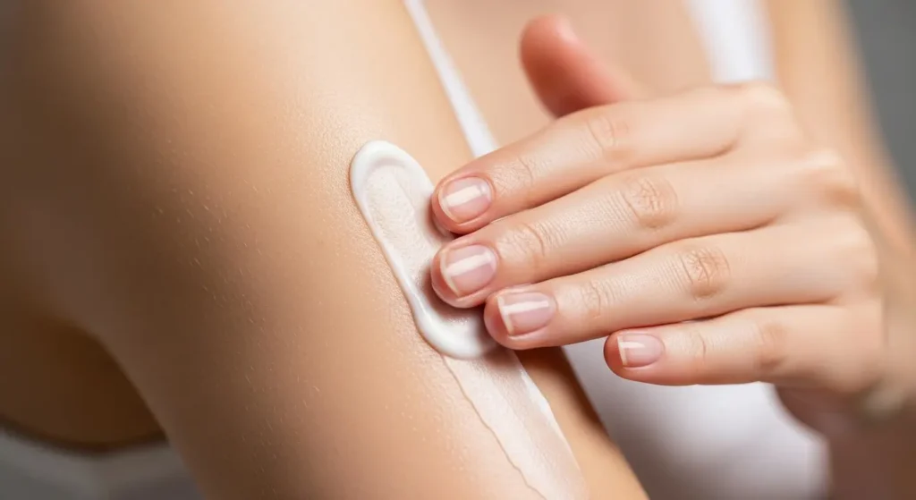 二の腕にやさしく保湿クリームを塗るケアの様子