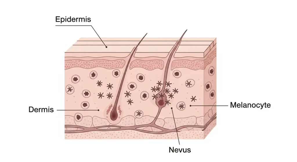ほくろが皮膚の層で形成される仕組みの図解