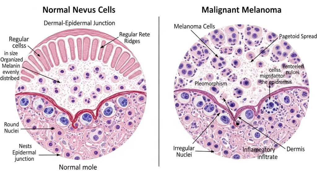 正常なほくろと悪性黒色腫の細胞レベルでの違い
