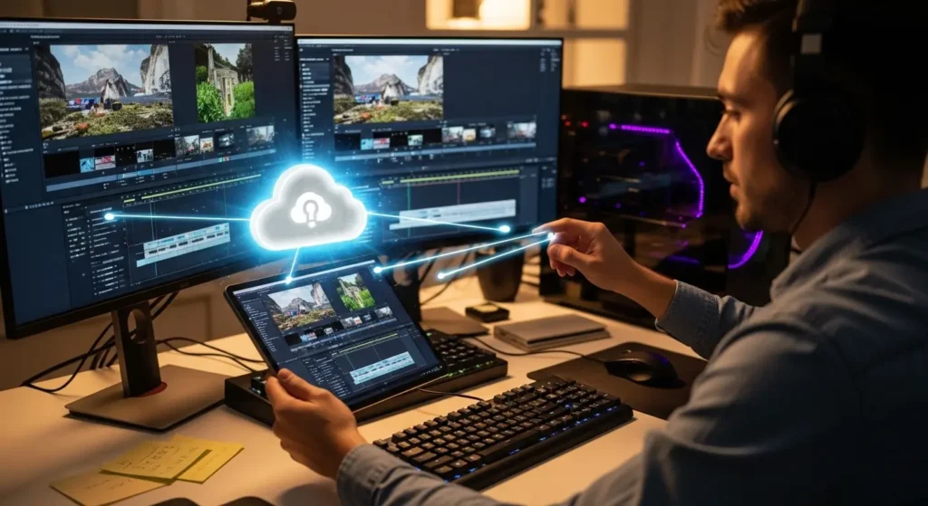 クラウド連携で異なるデバイスから動画編集を継続する様子