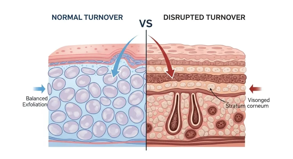 正常なターンオーバーと乱れた状態の肌構造の比較図