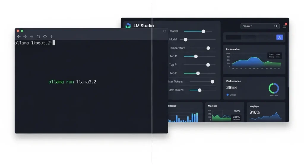 OllamaのCLI画面とLM StudioのGUI画面の比較