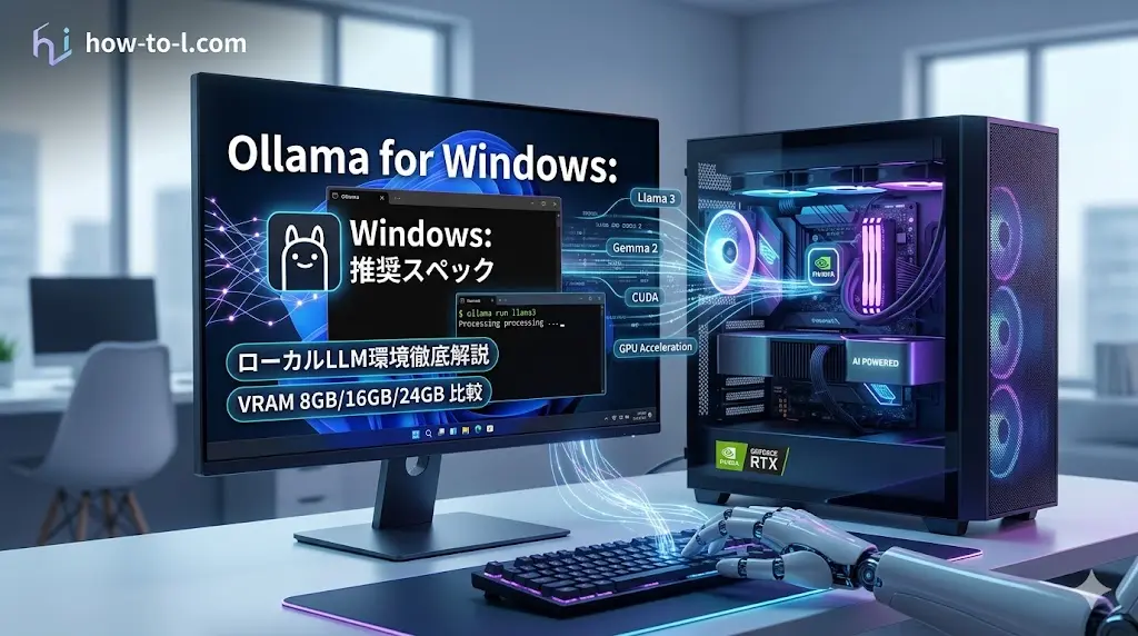 OllamaをWindows環境へインストールするための推奨スペック、GPU、ローカルLLM活用のイメージ。