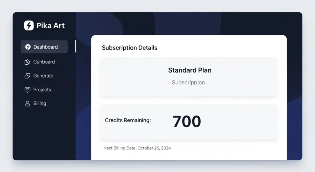 Pika Artの料金プランおよびクレジット管理画面