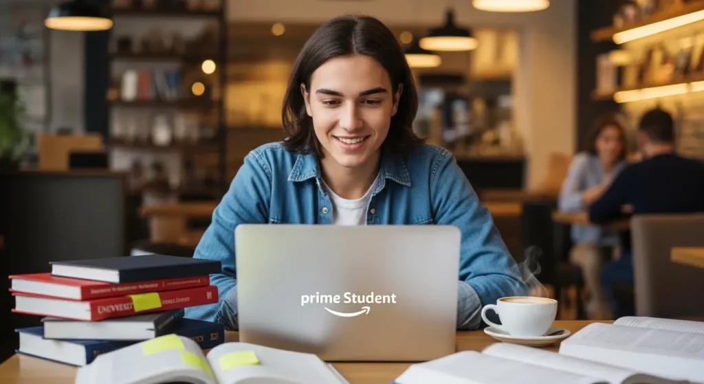 カフェでPrime Studentを利用する大学生
