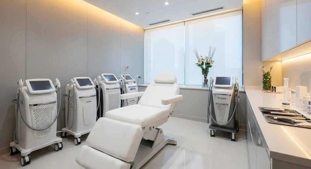 美容皮膚科での専門的な治療機器が並ぶ診察室