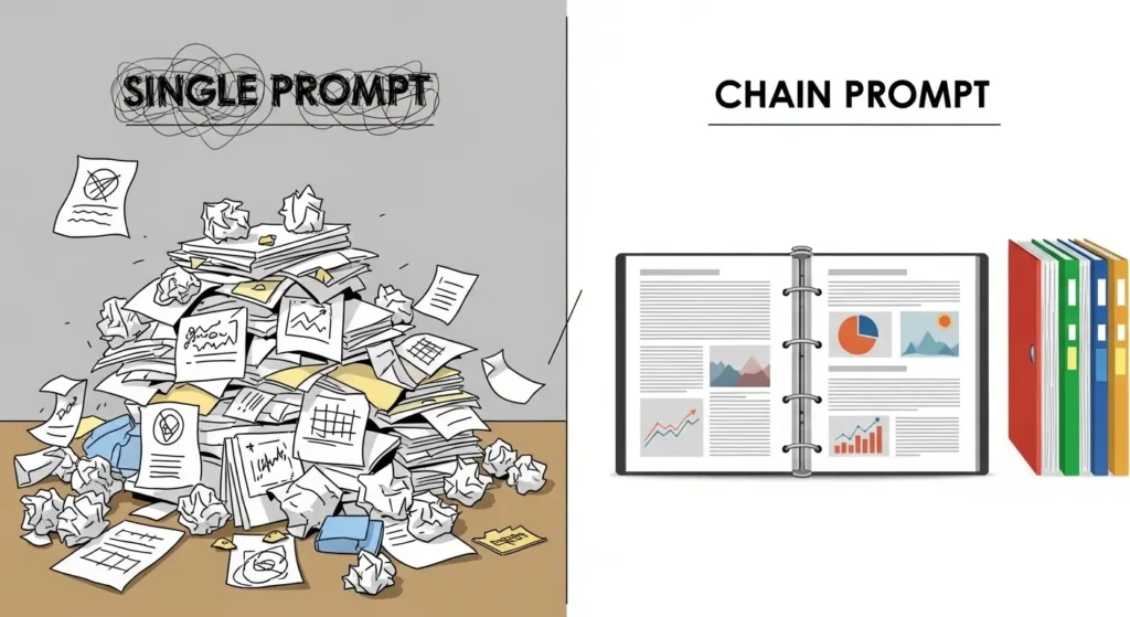 通常のプロンプトとチェーンプロンプトの出力精度の差を示す比較図