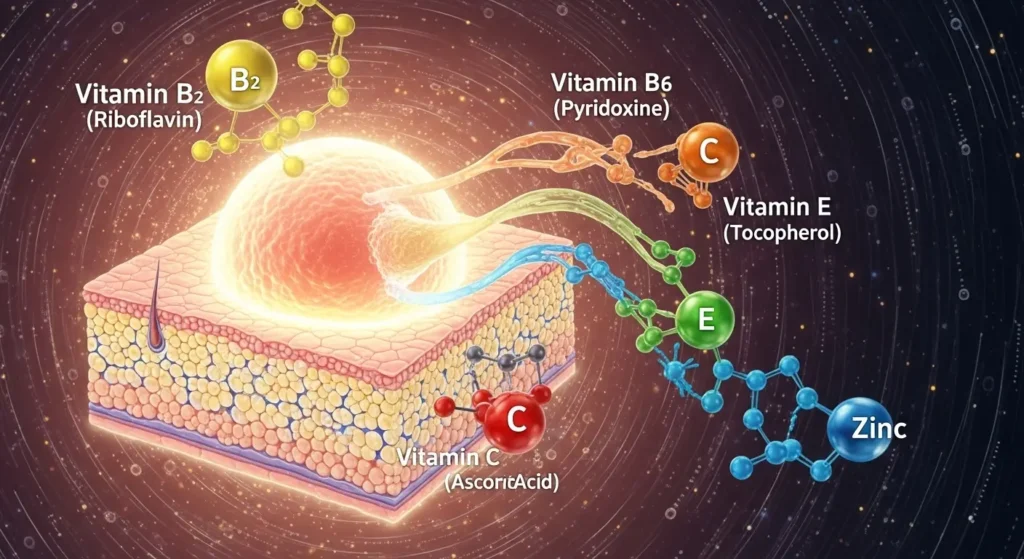 ビタミンやミネラルが肌細胞の生まれ変わりを助けるイメージ図
