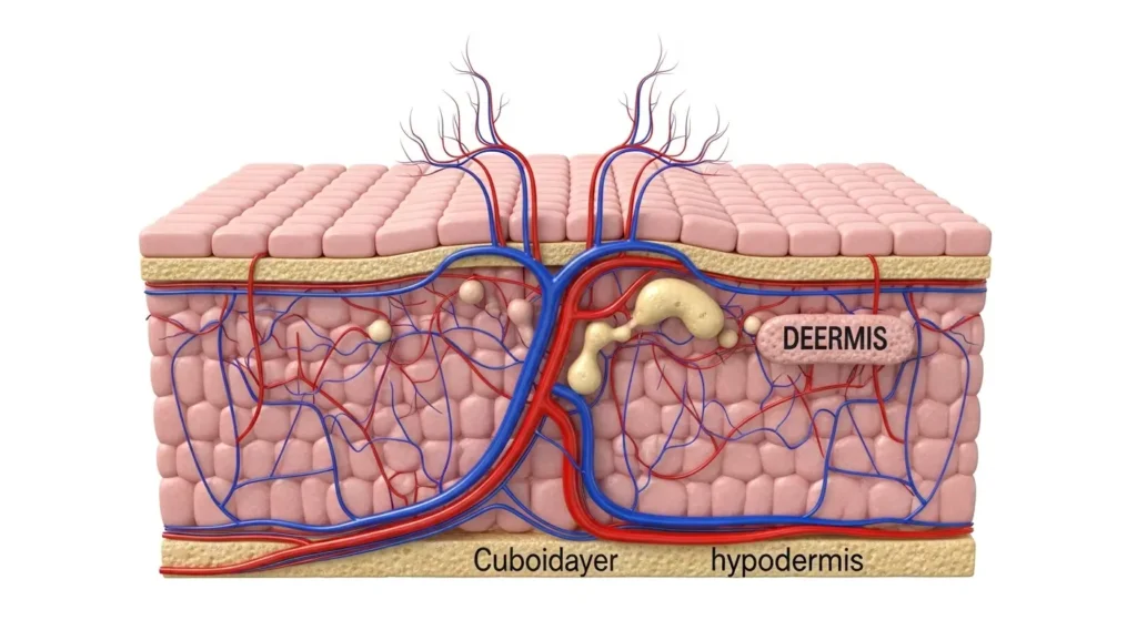 真皮の血管から表皮へ栄養が運ばれる肌組織の構造図