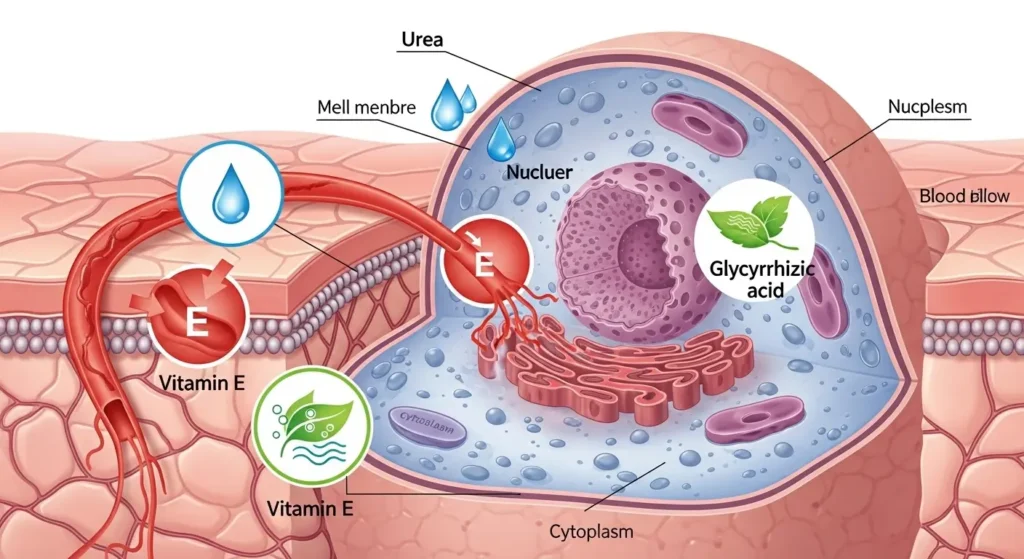 尿素やビタミンEなどの有効成分が肌細胞に働きかけるイメージ図