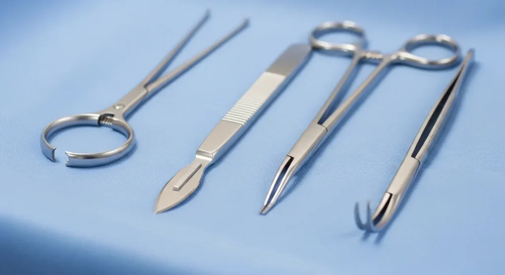 ほくろ除去手術に使用されるメスやピンセット、パンチなどの医療器具