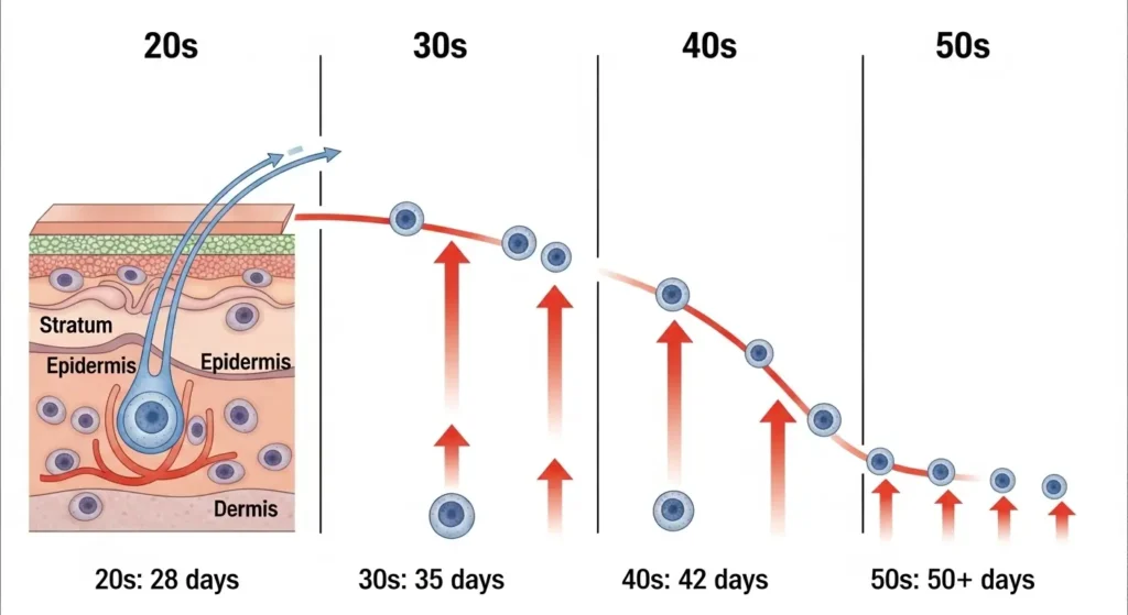 年齢層ごとの肌のターンオーバー周期の変化を示す図解