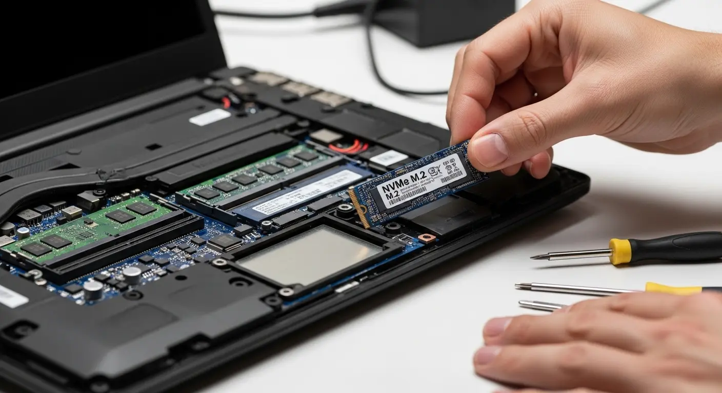 ノートパソコンの裏蓋を開けて新しいSSDを換装しようとしている様子