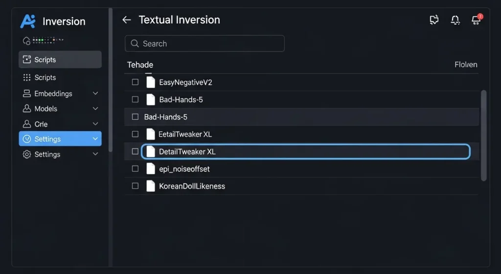 高品質な出力を助けるEmbeddingの選択画面
