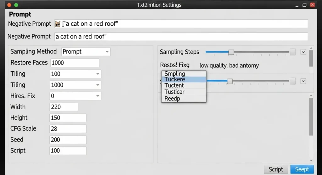 Stable Diffusionの生成設定パネル。サンプラーやステップ数の入力欄