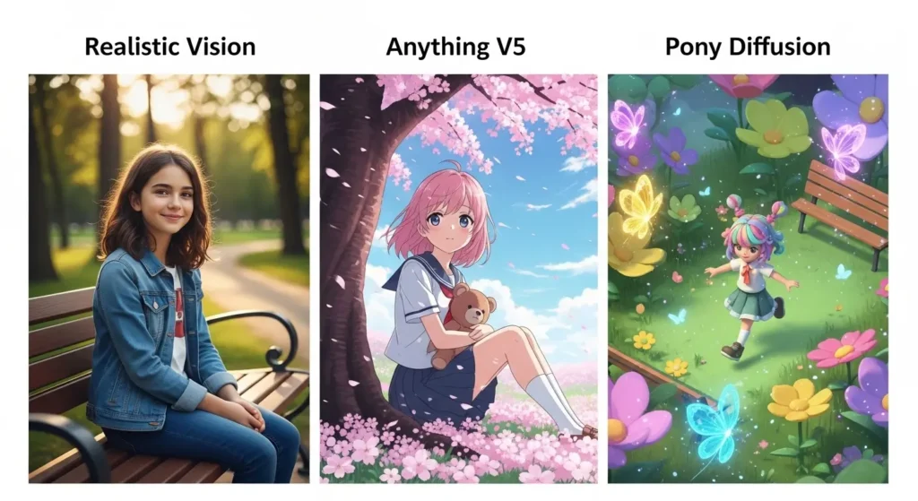 同じプロンプトで生成された実写・アニメ・2.5次元モデルの比較画像.