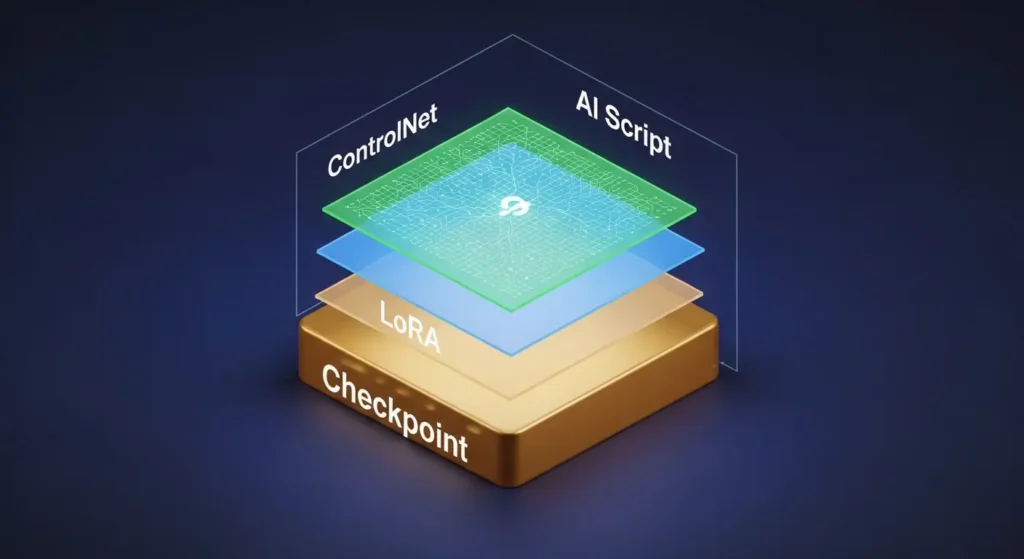 Stable Diffusionのモデル構造を階層状に表現した3D図解。