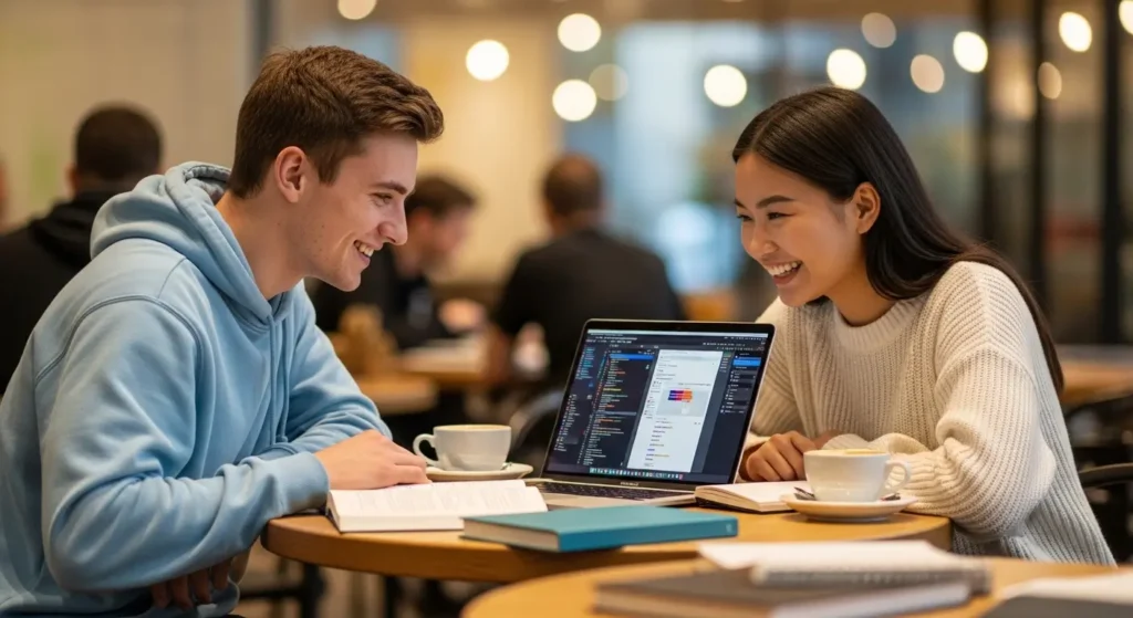 疑問を解決する学生たち。