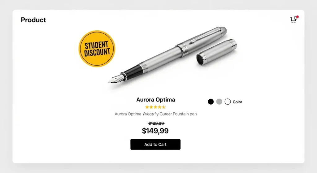 文房具の学割バッジが表示された商品画面