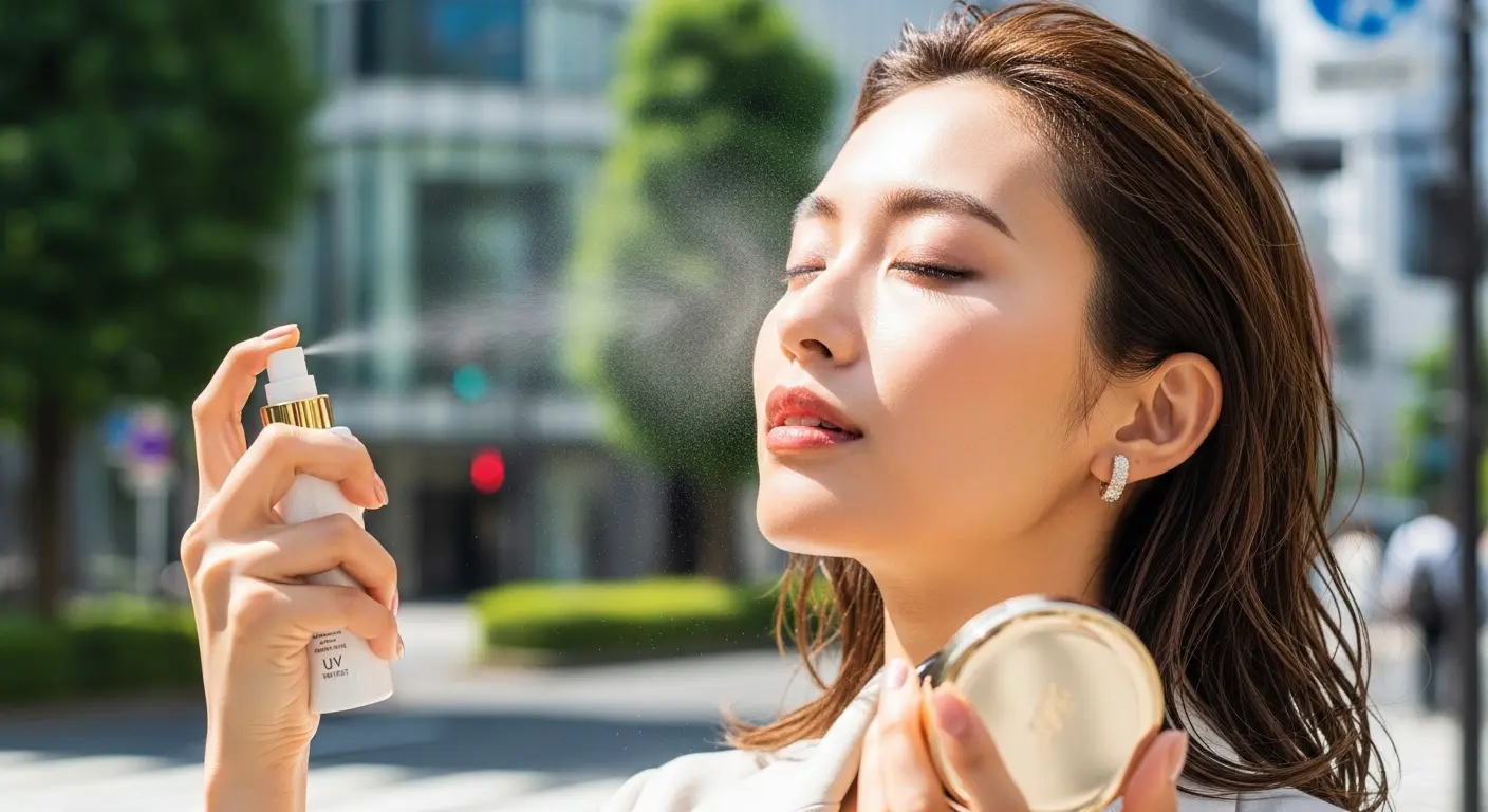 メイクの上から日焼け止めを塗り直す女性の美容イメージ