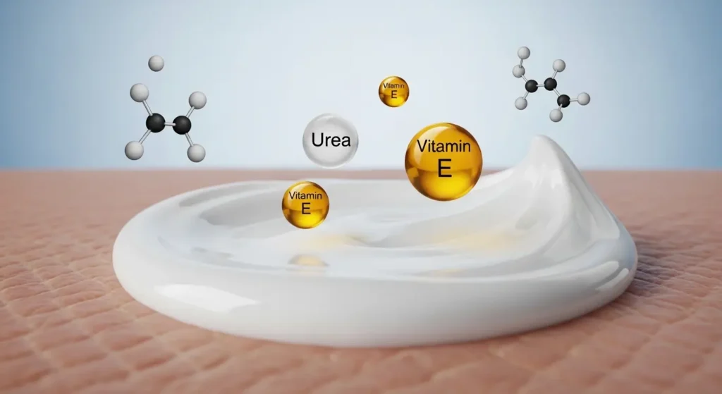 尿素とビタミンEが皮膚に浸透していくイメージ図