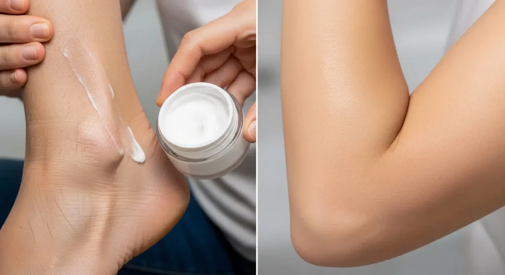 かかとやひじの角質ケアに尿素クリームを塗る様子