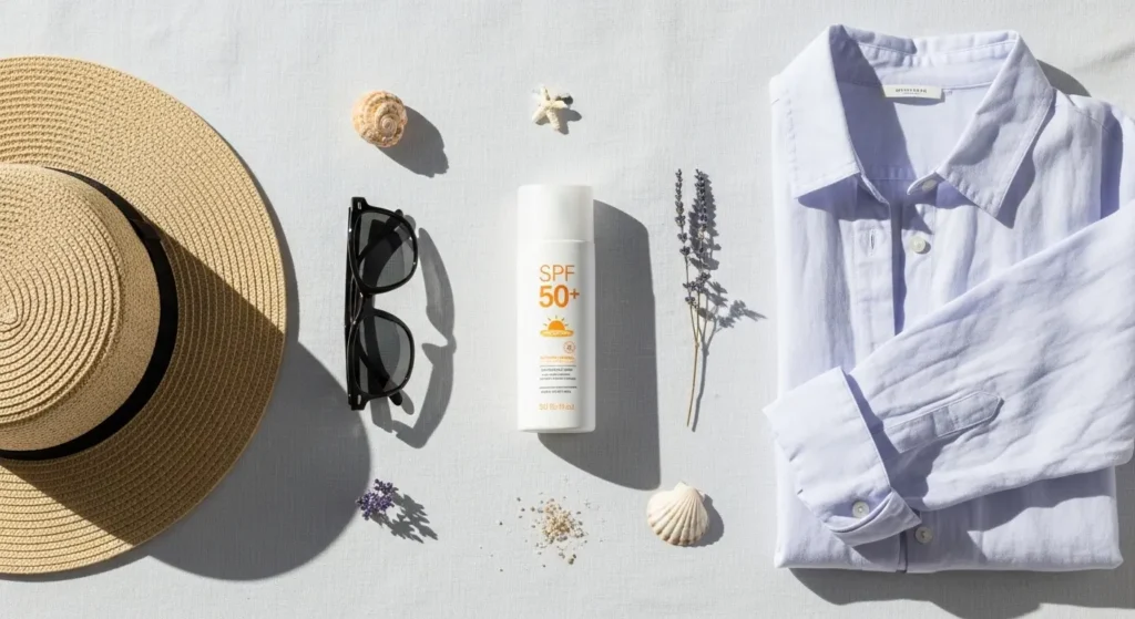 日焼け止めや帽子など、ほくろ予防に欠かせない紫外線対策グッズ