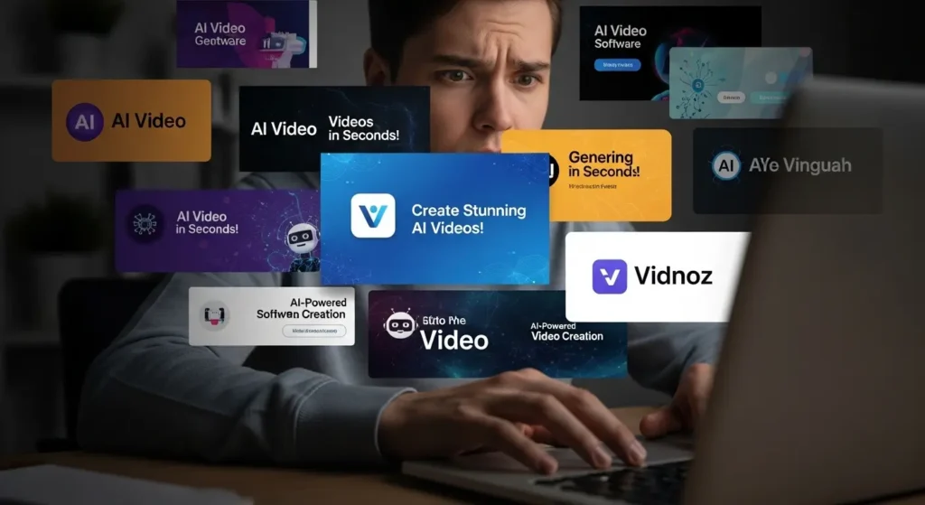 パソコン画面にVidnoz AIの広告が重なって表示されている様子