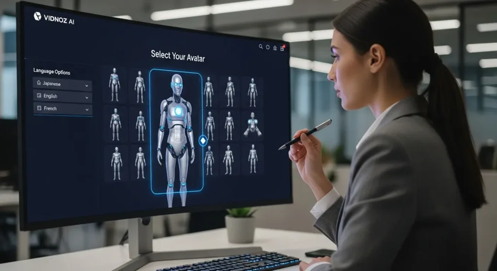 Vidnoz AIのマーケティング機能と多言語アバター選択画面