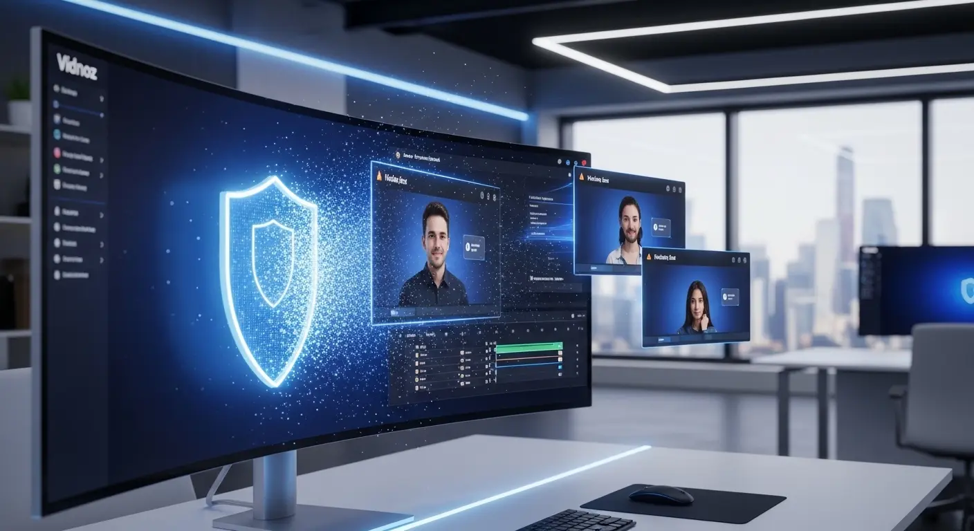 パソコン画面上のVidnoz AI広告をセキュリティシールドで除去するイメージ