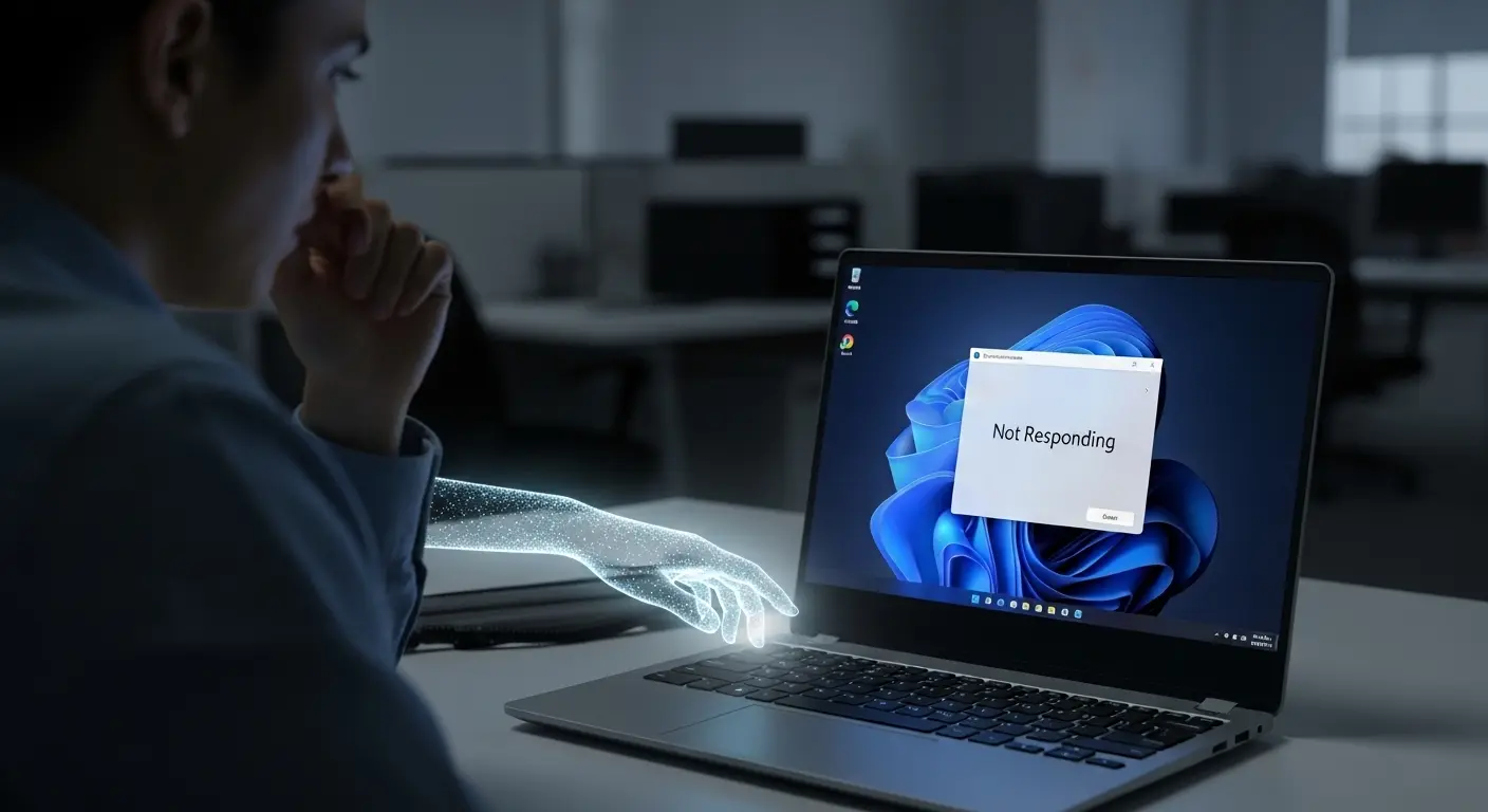 Windows 11のパソコンがフリーズして強制終了を検討している様子