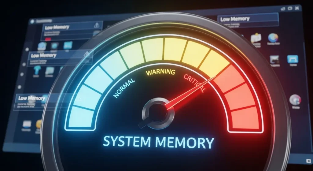 Windows 11のメモリ不足を示す警告とメーターのイメージ図