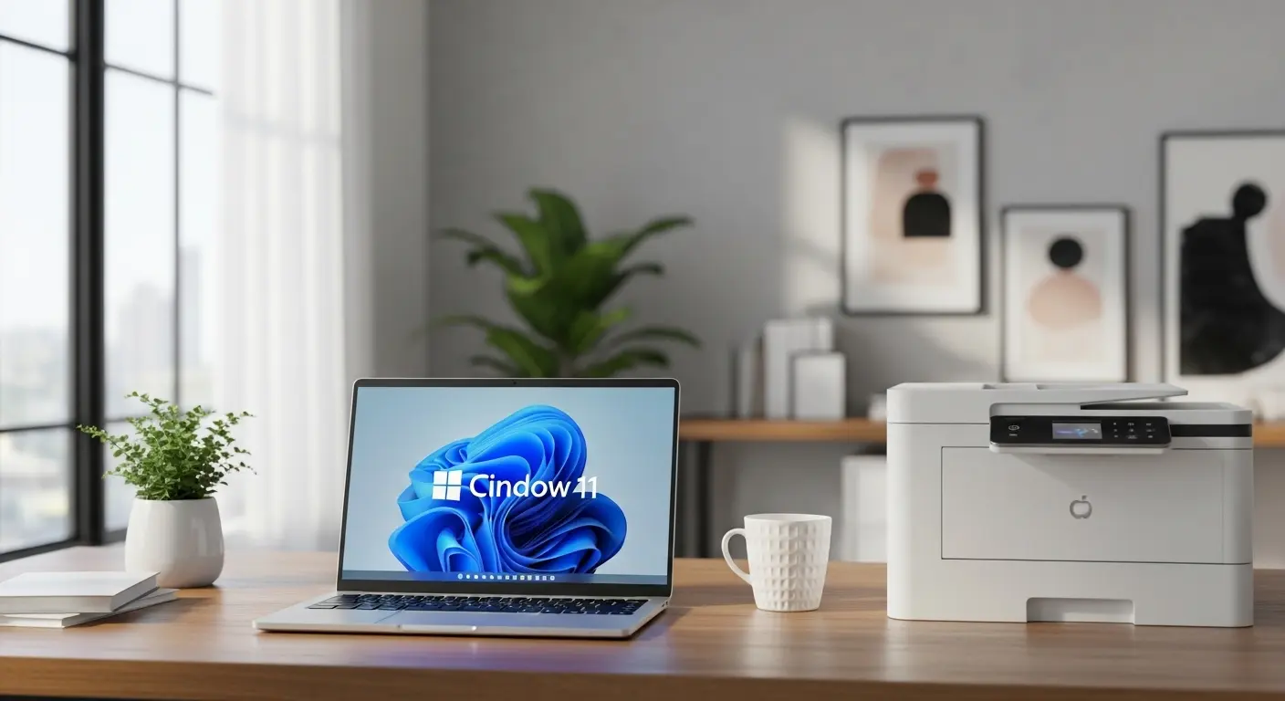 Windows 11が動作するパソコンとプリンターが接続されている様子