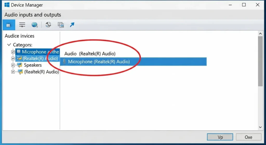Windowsデバイスマネージャーでマイクの認識状態を確認する画面
