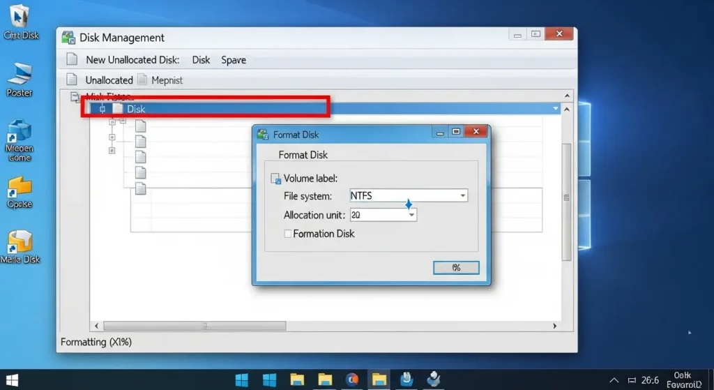 Windowsのディスク管理画面で未割り当て領域をフォーマットしている様子