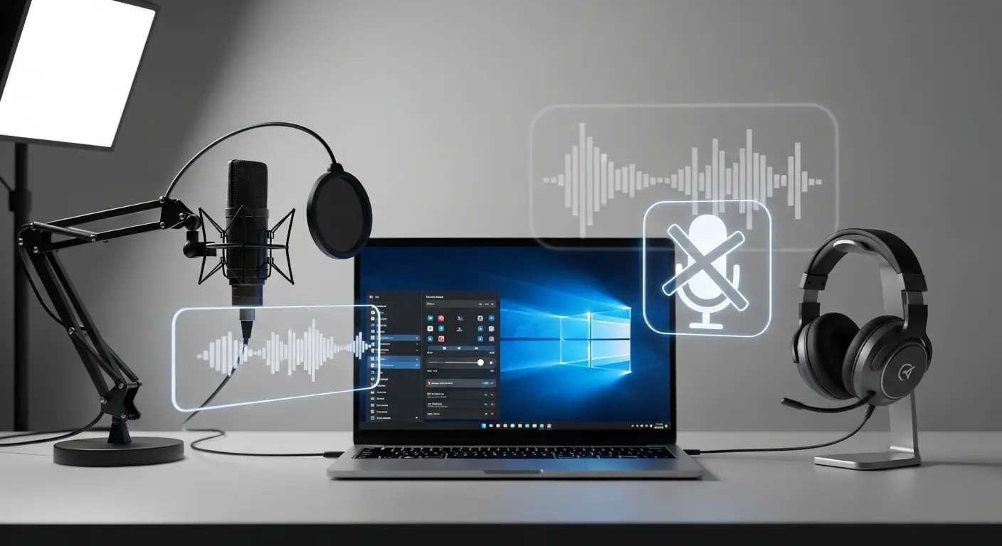 Windowsパソコンでマイク設定を確認しているデスク環境のイメージ